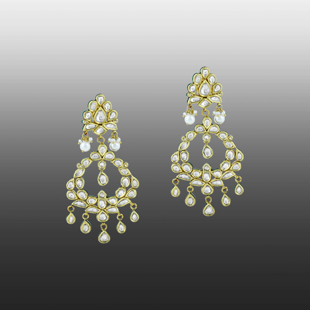 Polki Chandelier Earrings with Teardrops and Pearls
